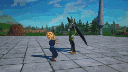 a cartoon character with a yellow hair and blue eyes is running in a video game