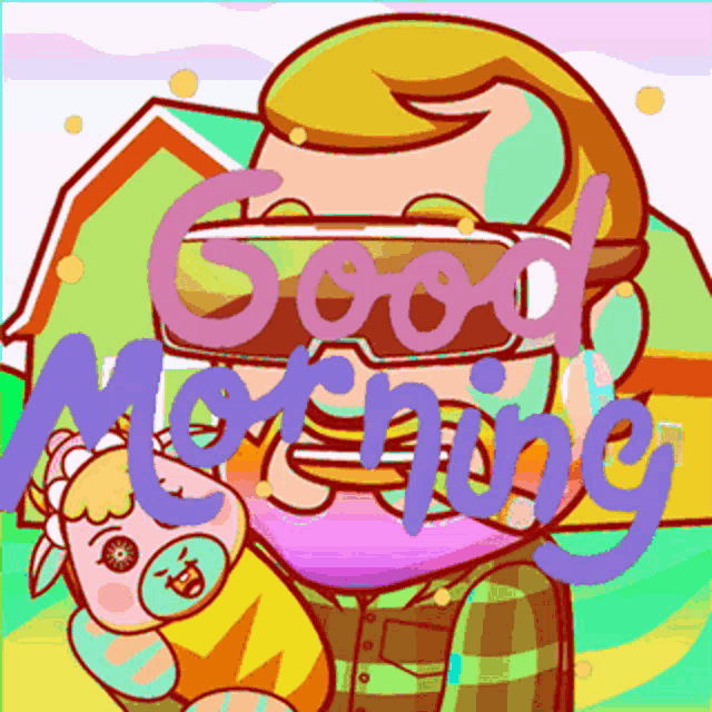 a cartoon of a man holding a baby with the words good morning written above him