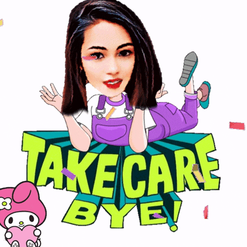 a cartoon of a woman laying on the floor with the words take care bye
