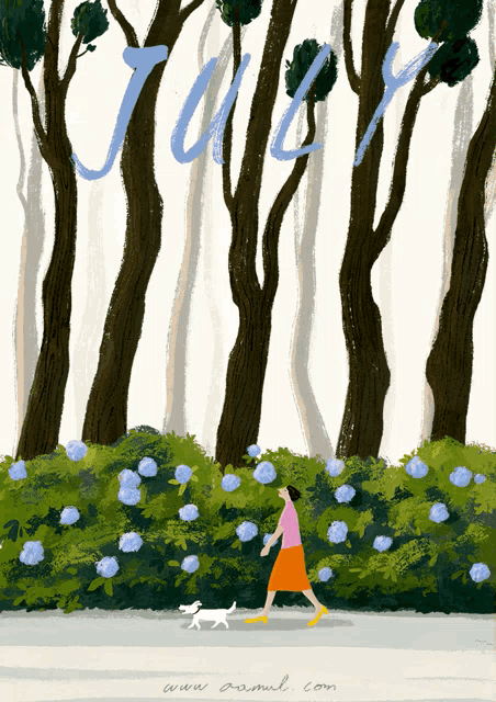 a painting of a woman walking a dog with the word july written on the bottom