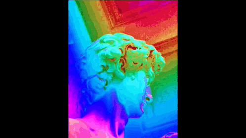a colorful painting of a woman 's head with a rainbow background
