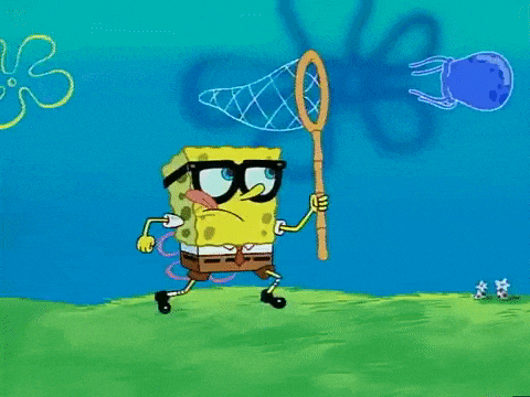 a cartoon of spongebob holding a fishing net in the water