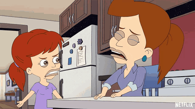 a cartoon of a woman talking to another woman with a netflix logo in the corner