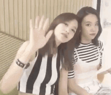 two girls are sitting next to each other at a table and waving at the camera .