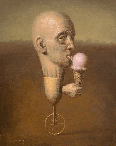 a painting of a man eating an ice cream cone on a bicycle