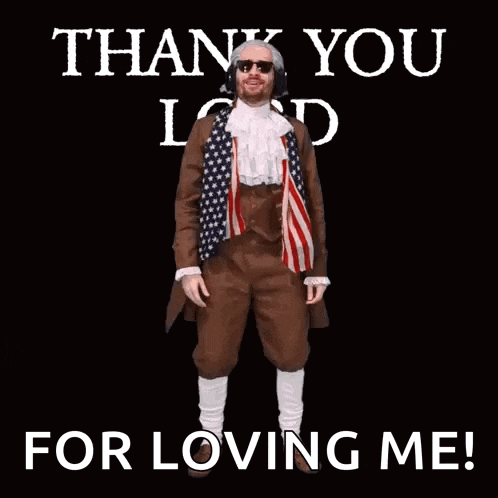 a man in a patriotic costume is dancing with the words thank you lord for loving me .