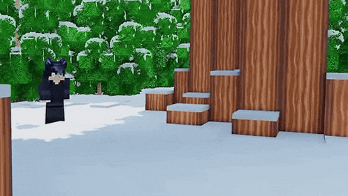 a minecraft character is standing in the snow in front of a wooden fence .