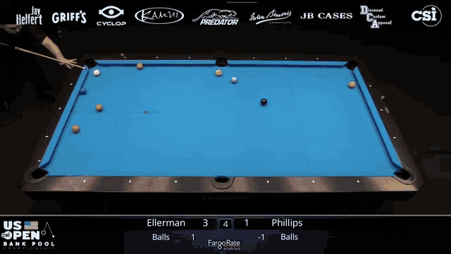 a pool table with the us open bank pool championship on the bottom