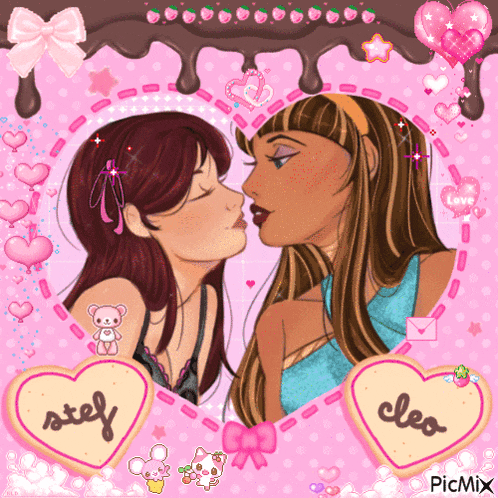a picture of two girls kissing with hearts that say cleo and stef