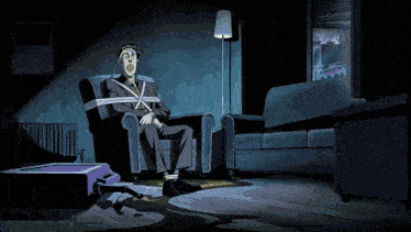 a cartoon of a man sitting in a chair with a shocked expression on his face
