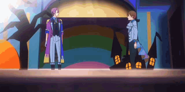 two anime characters standing next to each other in front of a rainbow