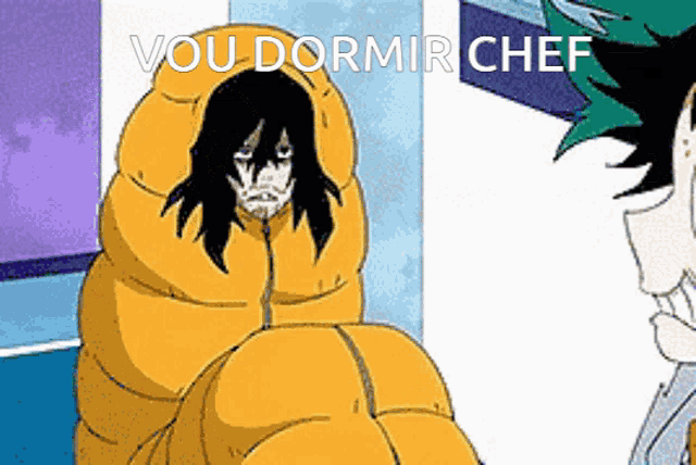 a cartoon of a person in a yellow sleeping bag with the words vou dormir chef written on the bottom