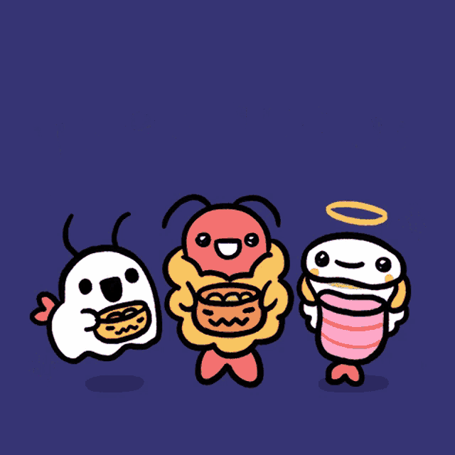 a trick or treat poster with a ghost and two shrimp