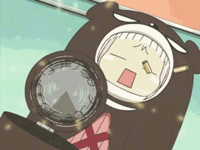 a cartoon character is laying on a bed with a magnifying glass in front of her