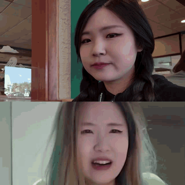 a woman 's face is shown in front of a window while another woman 's face is shown in front of a mirror