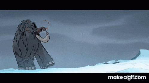 a cartoon of a mammoth standing in the snow with make a gif.com at the bottom