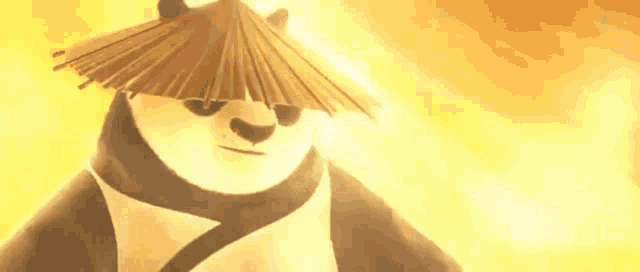 a panda bear wearing a straw hat is standing in front of a yellow sky .