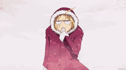 a person wearing a red coat with a white fur hood is standing in the snow