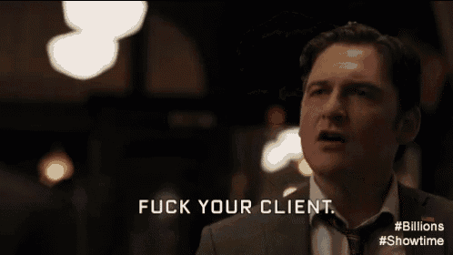 a man in a suit and tie is standing in front of a building and saying `` fuck your client '' .