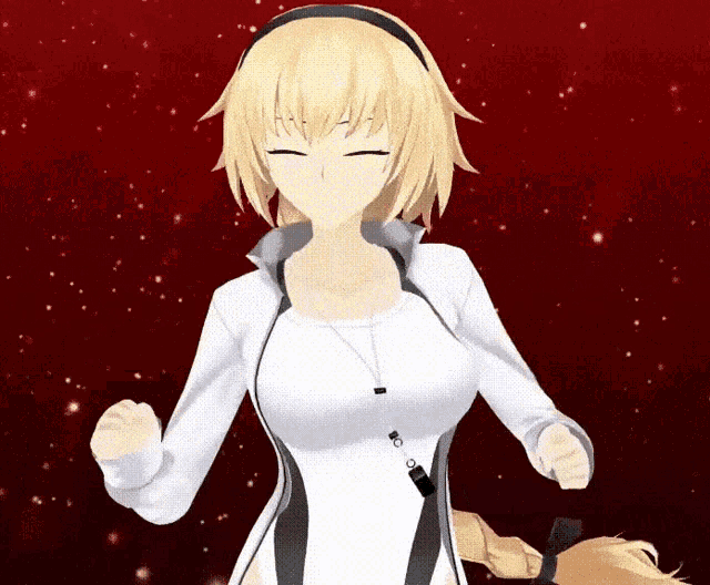 a girl with blonde hair is wearing a white shirt and a black jacket