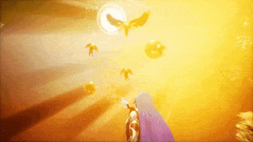 a woman in a purple dress stands in front of a flock of birds flying in the sky