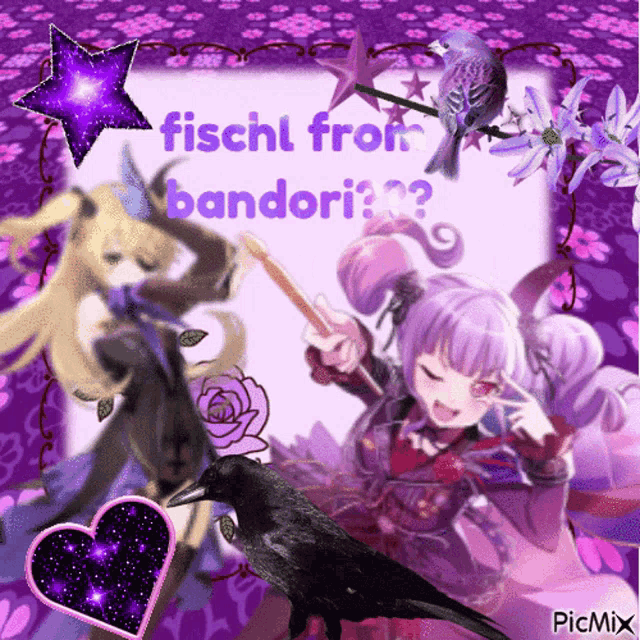 a picture of a girl and a bird with the words fischl from bandori on it