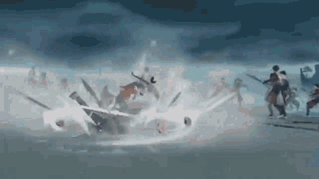 a group of people are fighting each other in a video game in the water .