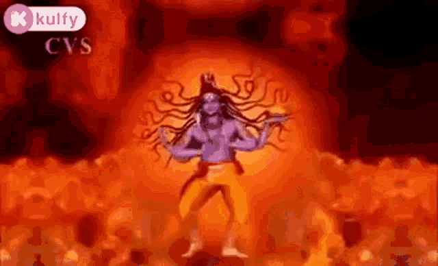 a cartoon of a man with long hair is dancing in a fire .
