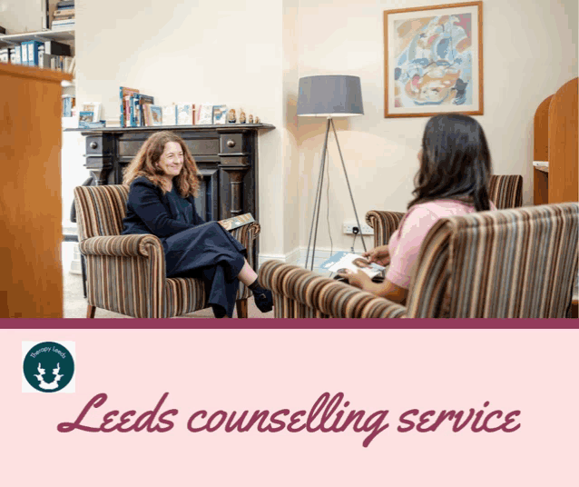 a woman sits in a chair talking to another woman with the words leeds counselling service on the bottom