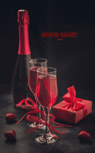 a good night greeting card with a bottle of wine and glasses of wine