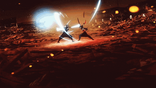 a couple of people fighting with swords in a video game
