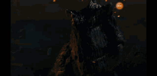 a screen shows a t-rex attacking a group of people and the time of 00:44