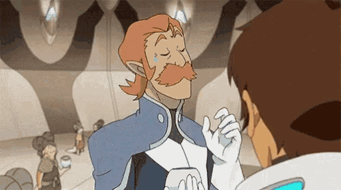 a cartoon man with a mustache is holding a glass of water and talking to another man .