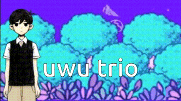 a boy is standing in front of a purple background with the words uwu trio on it