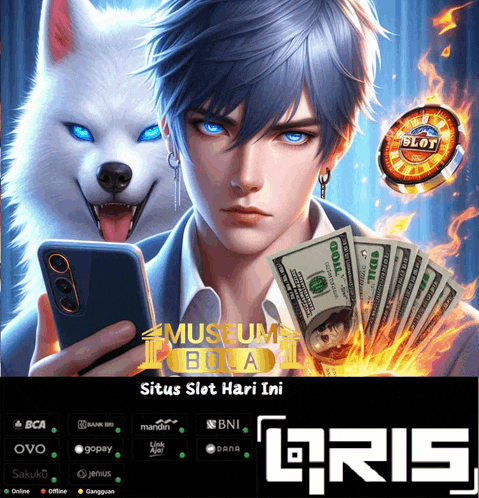 a man with blue eyes is holding a cell phone in front of a wolf with blue eyes