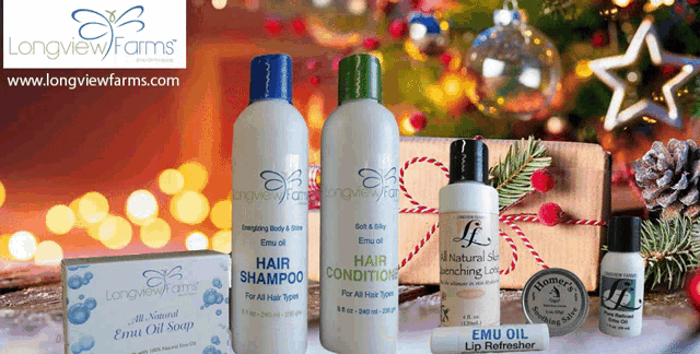bottles of longview farms hair products are displayed on a table