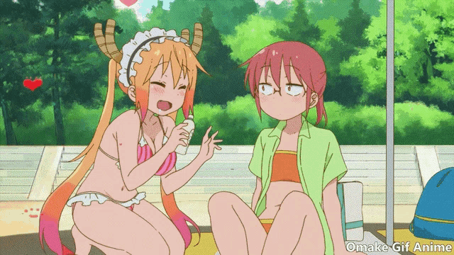 two anime girls in bikinis are sitting next to each other on the beach