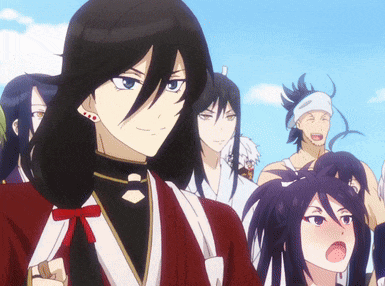 a group of anime characters are standing together and one of them is wearing a red jacket