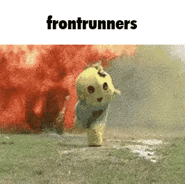 a stuffed animal is running in front of an explosion with the words frontrunners written above it