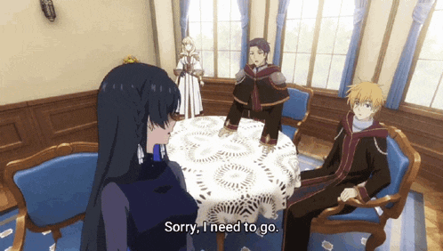 a group of anime characters are sitting around a table with one saying sorry i need to go