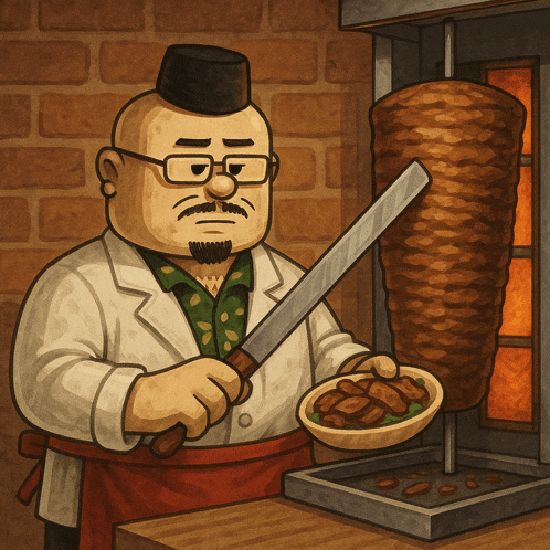a man with glasses and a mustache is holding a knife and a bowl of food