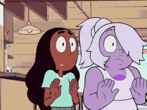 two cartoon characters are standing next to each other in a kitchen