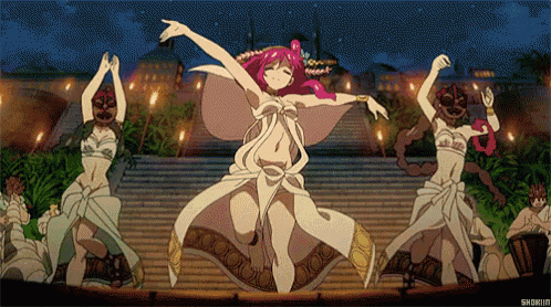 a group of anime characters are dancing in front of stairs and a building