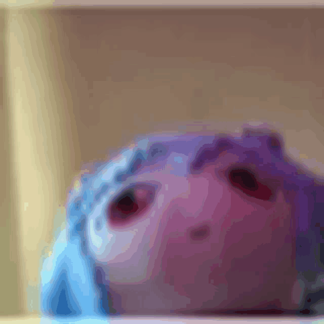 a close up of a doll 's face with blue hair .