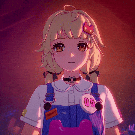 a girl wearing overalls and a shirt with the number 05 on it