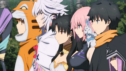 a group of anime characters are posing for a picture and one of them has a cross on her chest