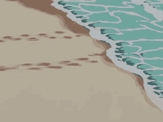 a painting of a beach with footprints in the sand and waves