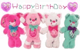 four teddy bears are standing next to each other on a white background with the words `` happy birthday '' written above them .