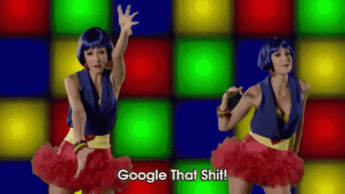 two women are dancing in front of a colorful background with the words google that shit
