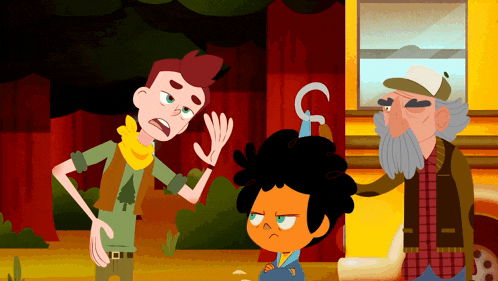 a cartoon character with a hook on his head talks to two other characters